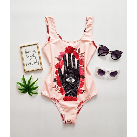 Body dama roz pentru plaja cu imprimeu floral si palma