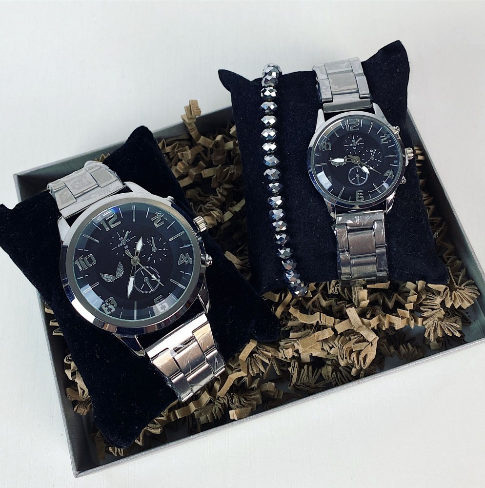 Set Ceasuri Cuplu Casual culoare argintiu + Cutie inclusa