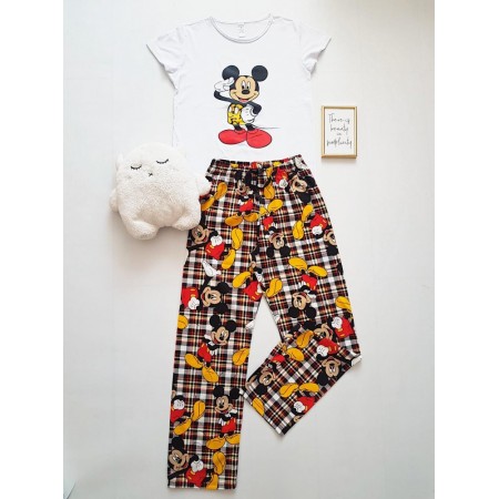 Pijama dama alba lunga cu tricou si pantaloni lungi imprimeu Mickey