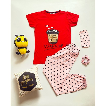 Pijama dama lunga rosie cu imprimeu cafea