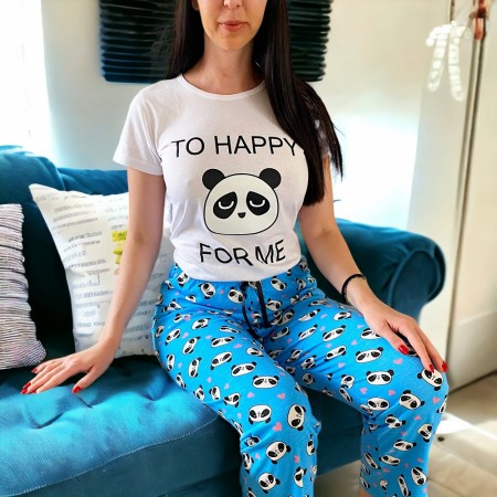 Pijama dama lunga alba din bumbac cu imprimeu Panda
