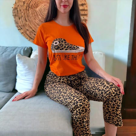 Pijama dama lunga portocalie cu imprimeu animal print