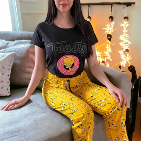 Pijama dama din bumbac neagra cu galben si imprimeu Tweety