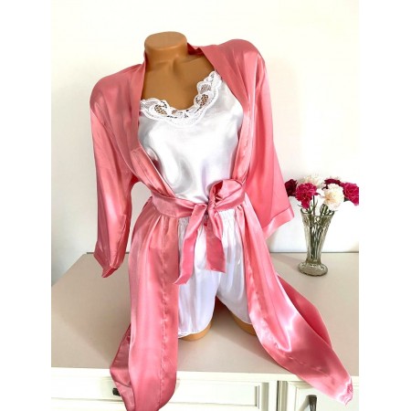 Compleu pijama cu halat alb roz din material satin luxury