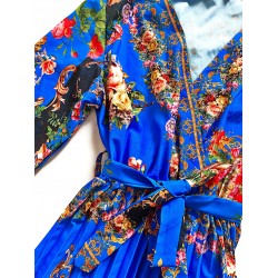 Rochie eleganta albastra cu imprimeu floral si pliuri