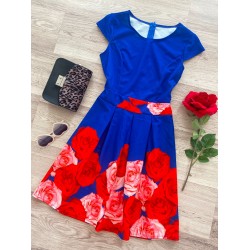 Rochie eleganta de zi albastra cu imprimeu floral trandafiri