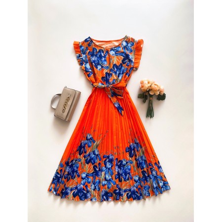 Rochie lunga portocalie eleganta de zi cu imprimeu floral