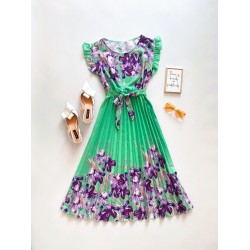Rochie lunga verde cu imprimeu floral si pliuri