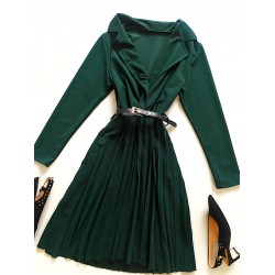 Rochie eleganta de zi verde inchis pana la genunchi cu maneca lunga