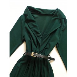 Rochie eleganta de zi verde inchis pana la genunchi cu maneca lunga