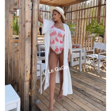 Set alb dama plaja Halat + Body cu imprimeu Flamingo