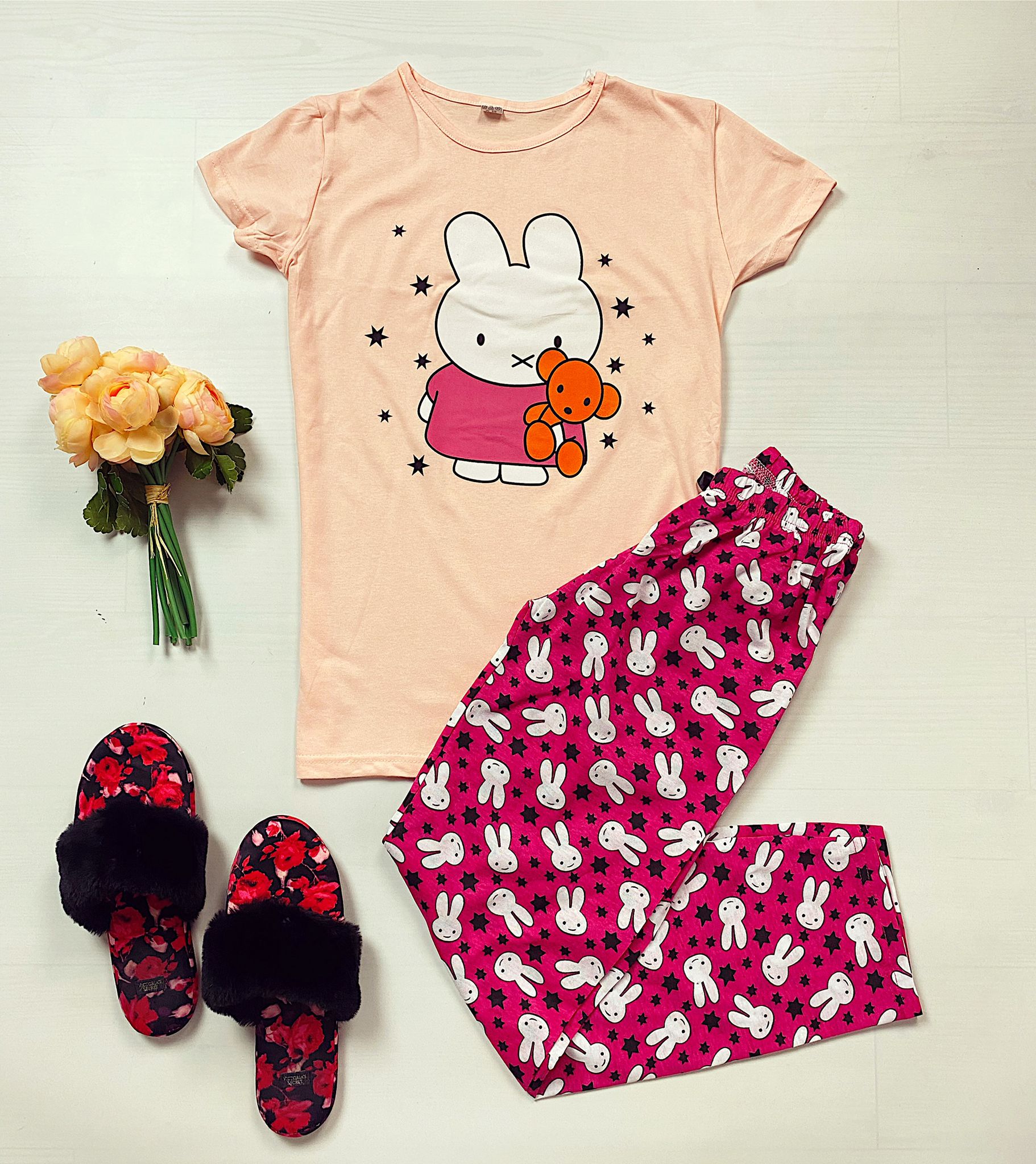 Pijama dama lunga roz cu imprimeu Bunny