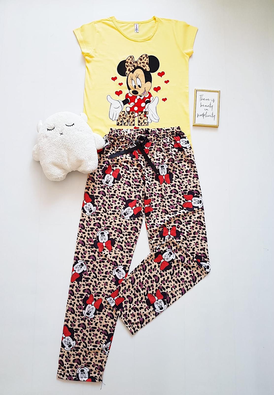 Pijama dama lunga galbena cu imprimeu Minnie animal print