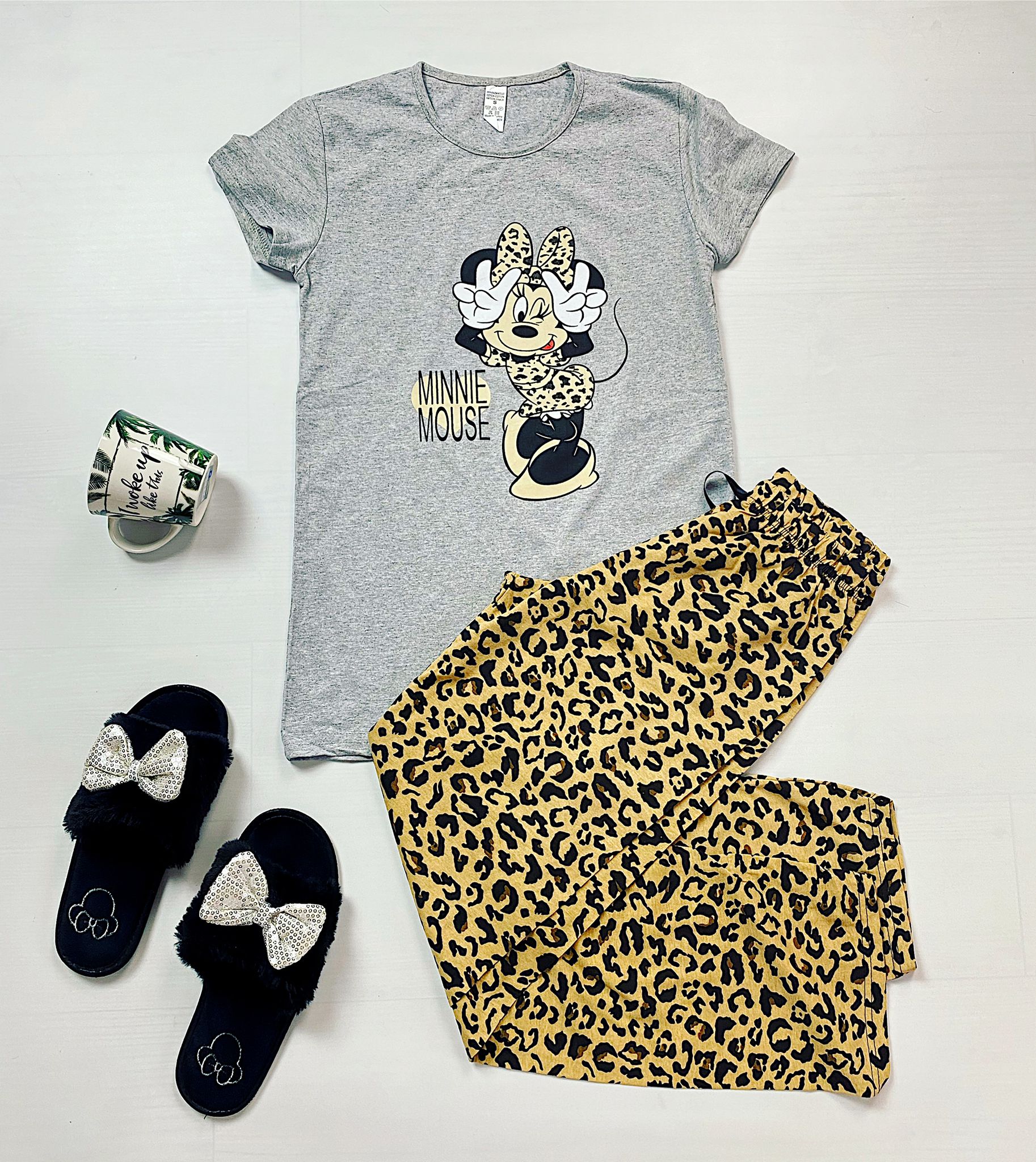Pijama lunga gri cu imprimeu animal print cu Minnie