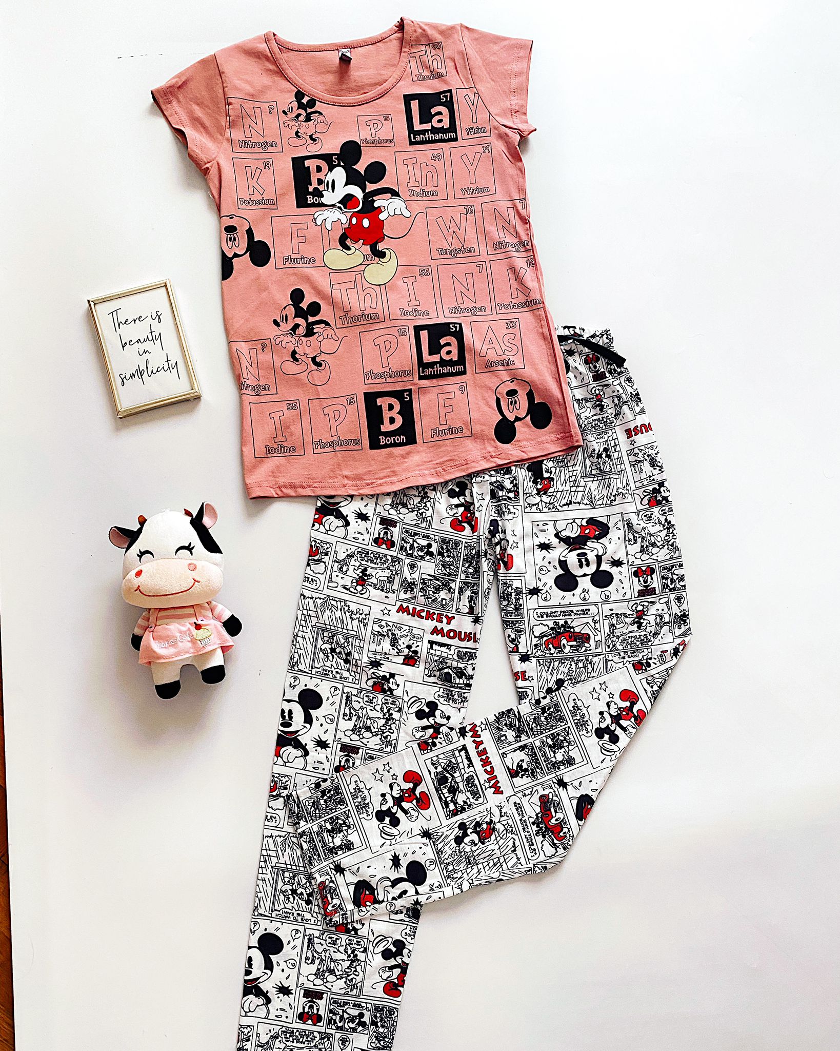 Pijama dama lunga roz cu imprimeu Mickey