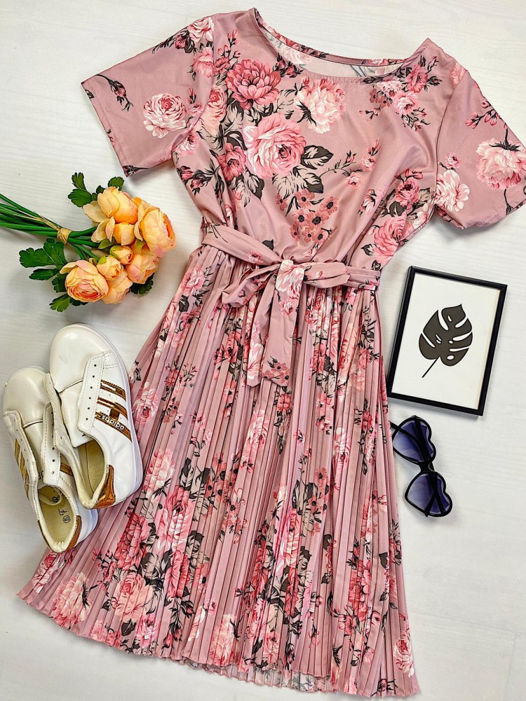 Rochie de zi roz de vara cu imprimeu floral si cordon